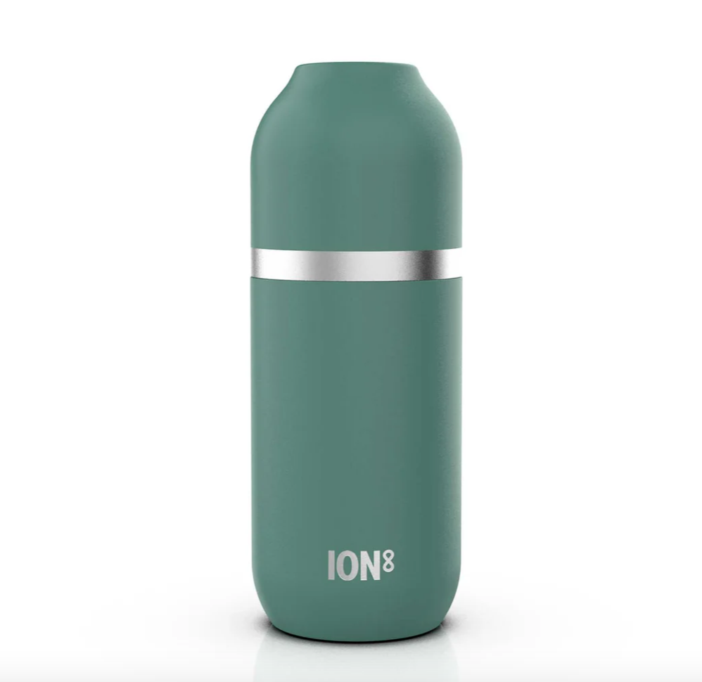 A matte sage green insulated bottle with a silver metallic band around the middle and the white ION8 logo near the bottom, set against a plain white background.