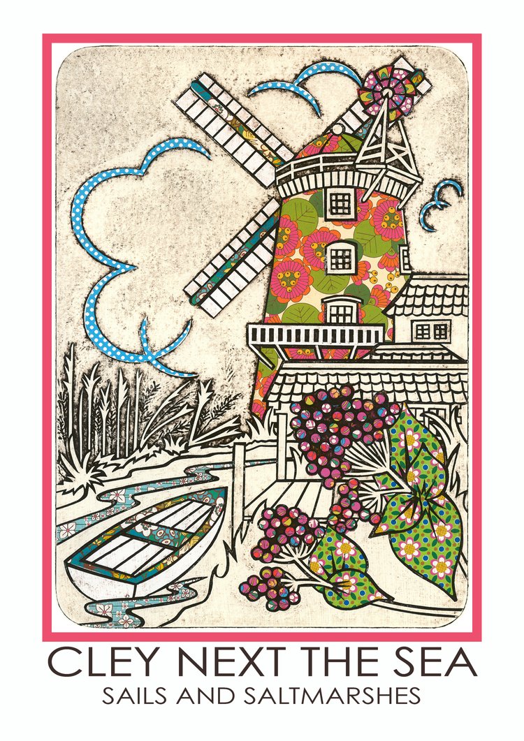 A colorful artwork featuring a stylized illustration of a boat, a windmill, and colourful berries, indicative of Cley Next the sea Quay , on a textured background.