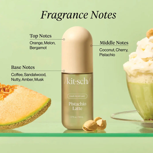Kit-sch Pistachio Latte hair perfume in a green bottle with fragrance notes and information on a green background
