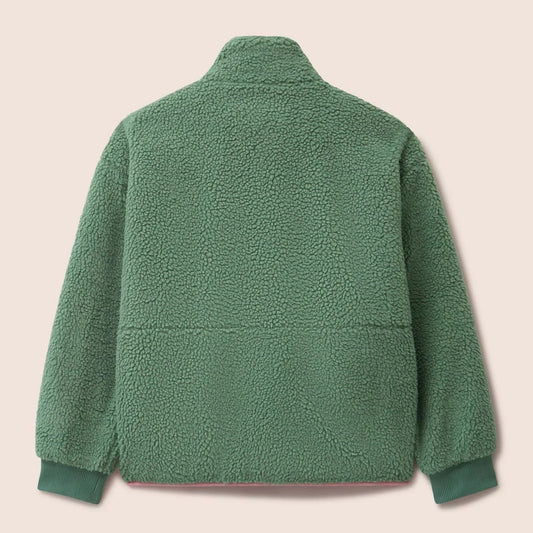 Gandys Green fleece jacket on a beige background