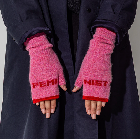 Feminist Fingerless Mittens in French Rose & Rouge