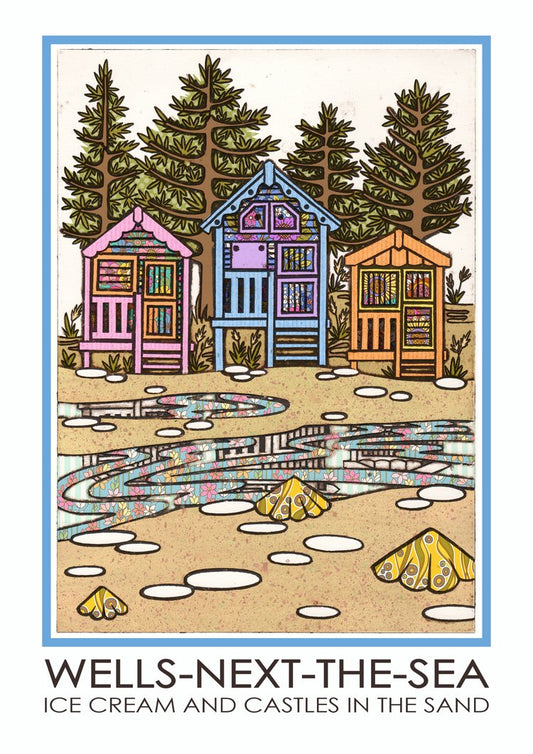 A colorful artwork featuring a stylized illustration of Beach huts, pine trees and sand with shells, indicative of Wells Next the sea Beach , on a textured background.