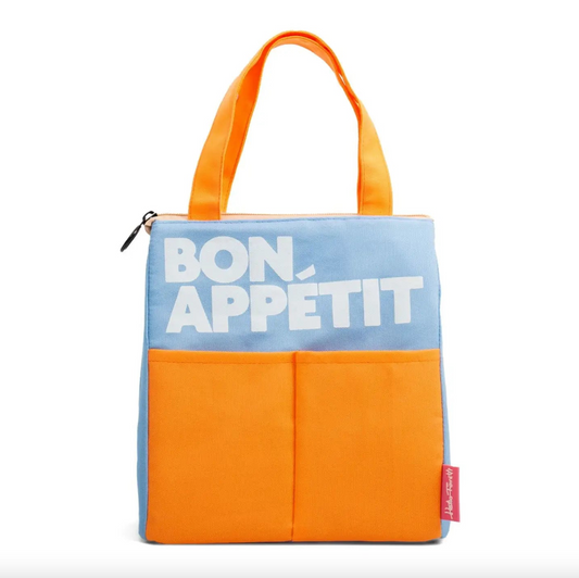 light blue and orange insulated lunch bag with 'Bon Appetit' text i white on a white background