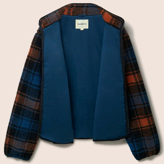 Gandys Blue jacket with plaid pattern on a beige background