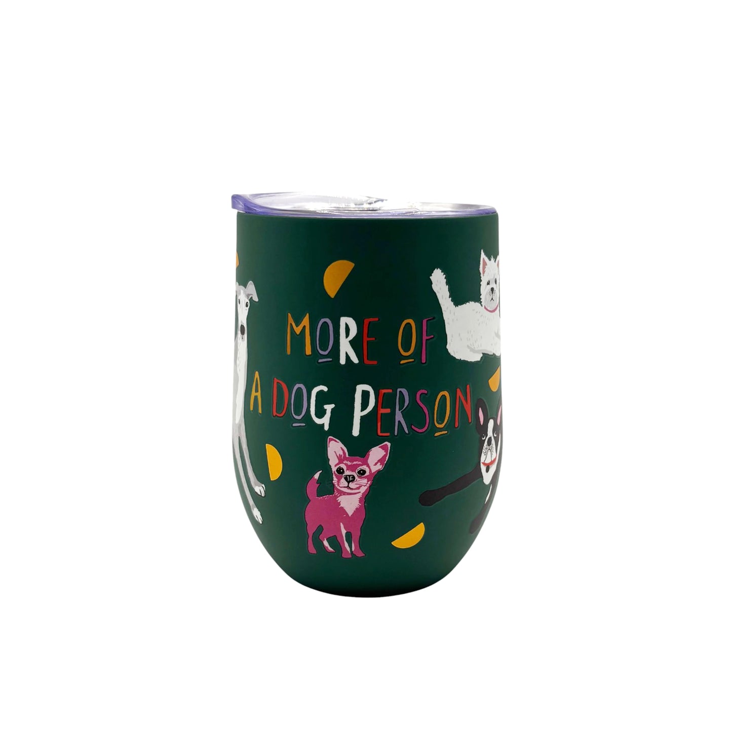 green thermal tumbler with dog-themed design 'more of a dog person' text against a white background