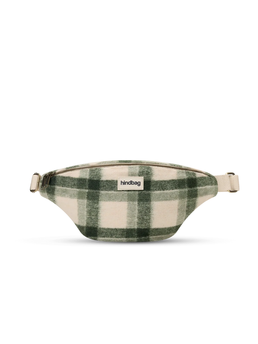 A green and cream plaid wool fanny pack with a small white 'hindbag' label on the front, set against a plain white background.