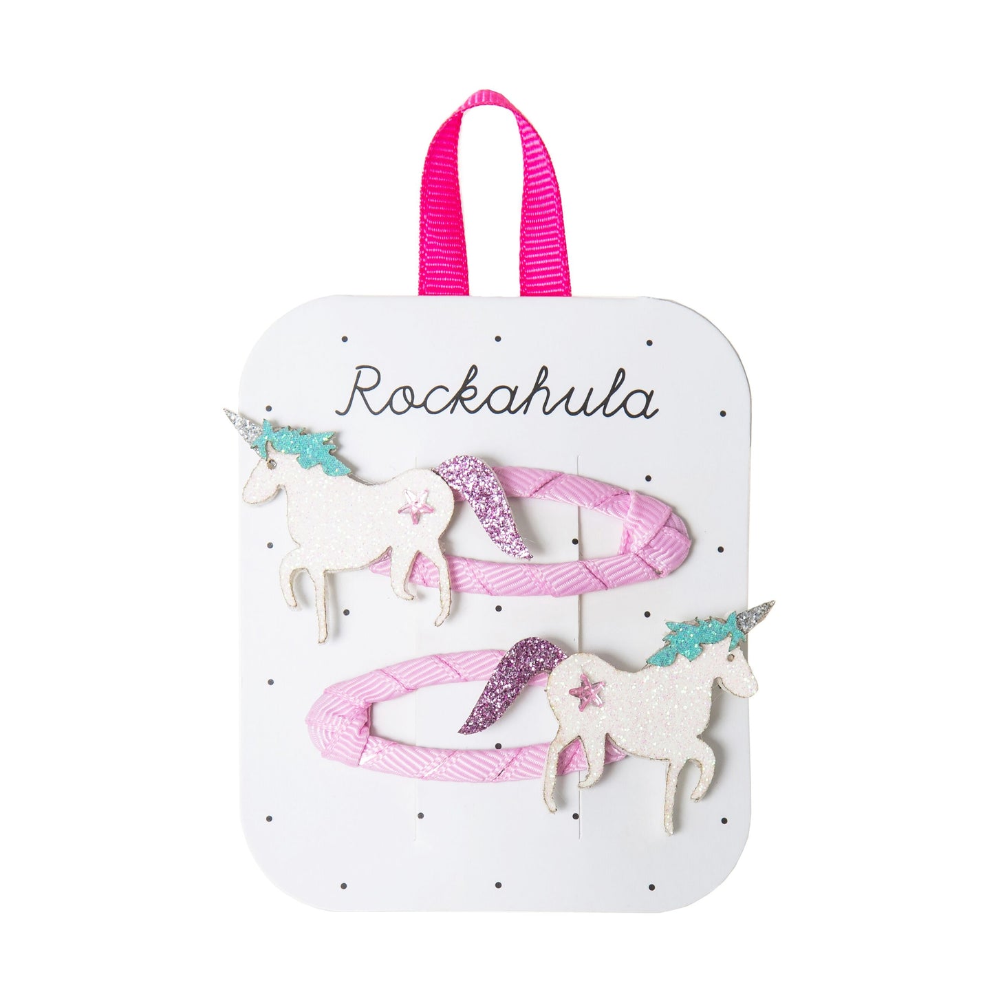 We believe in unicorns! And so can you, with these two glittery beauties, each one secured to a grosgrain ribbon wrapped clip. Rockahula children's hair clips - Glitter & Mud