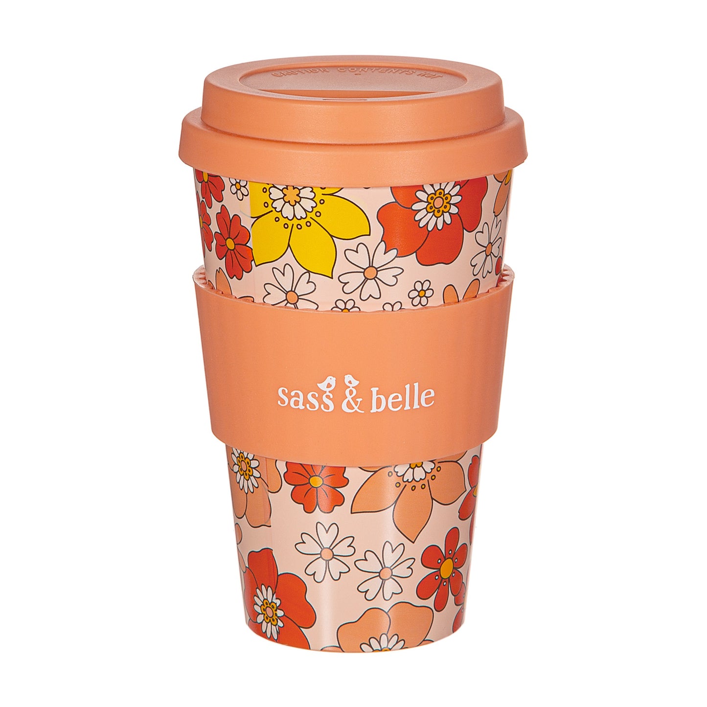 Orange 70's Floral Travel Cup with peach lid and heat protector, with 'Sass & Belle' branding on a white background 