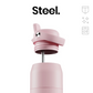 A close-up of a light pink insulated bottle or tumbler with a flip-top lid and a visible stainless steel pour spout. The word 'Steel.