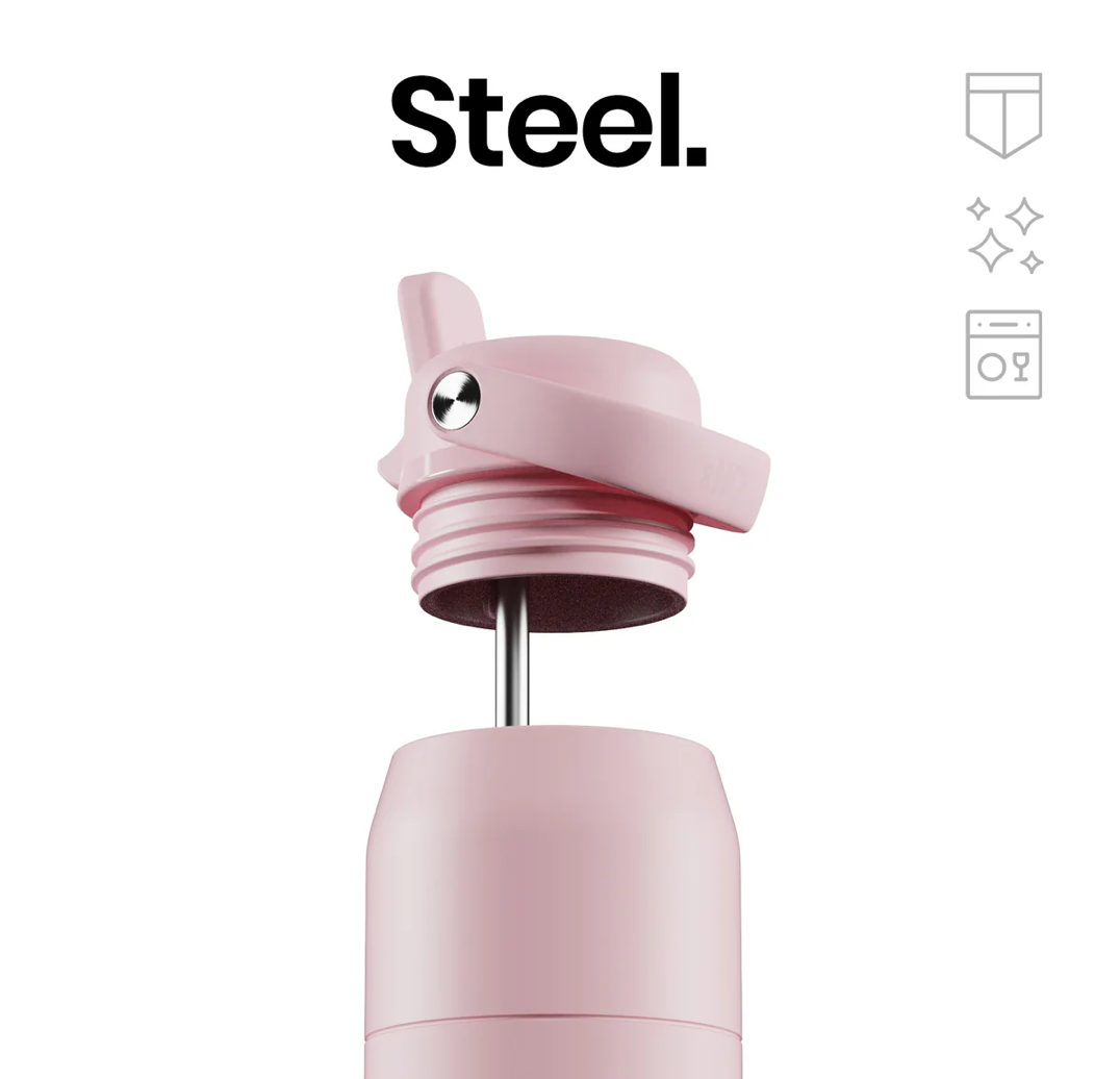 A close-up of a light pink insulated bottle or tumbler with a flip-top lid and a visible stainless steel pour spout. The word 'Steel.