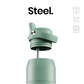 A close-up of a stainless steel bottle with a matte sage green lid and spout, shown against a white background with the word 'Steel.' and small feature icons.