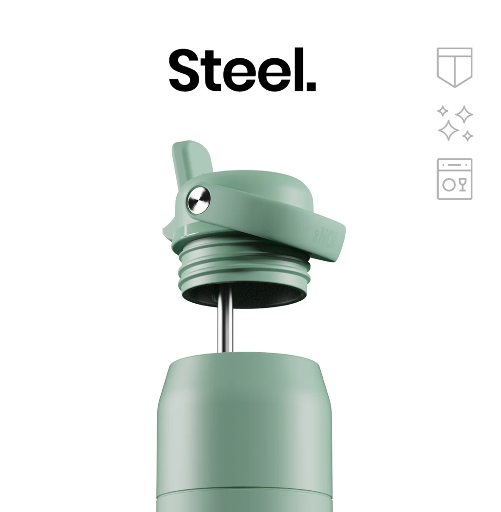 A close-up of a stainless steel bottle with a matte sage green lid and spout, shown against a white background with the word 'Steel.' and small feature icons.