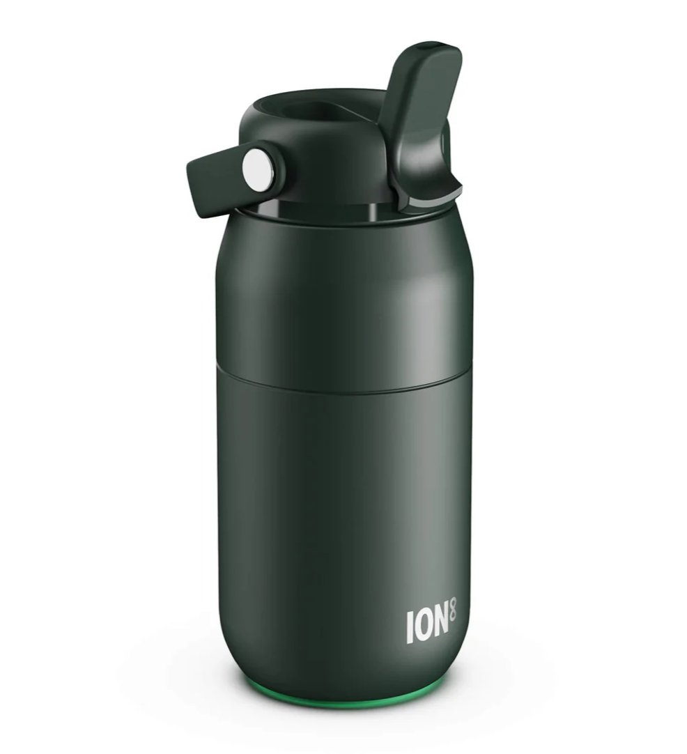 A green insulated water bottle with a flip-top lid and carry loop, shown on a clean white background. The brand name 'IONS' is printed near the bottom.
