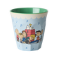 A light blue melamine cup featuring a cartoon illustration of the Peanuts characters Snoopy, Woodstock, Charlie Brown, Peanuts, and Linus on the front, with a green interior and a scalloped cream border near the rim.