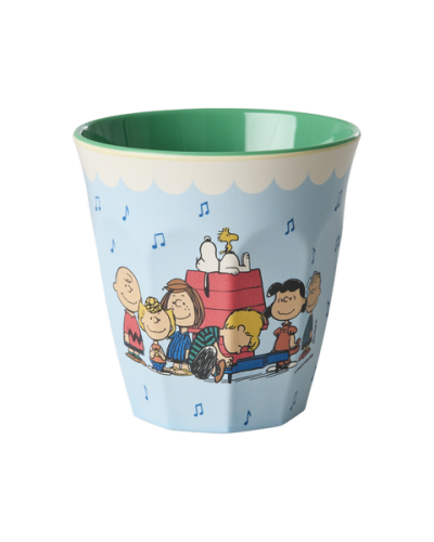 A light blue melamine cup featuring a cartoon illustration of the Peanuts characters Snoopy, Woodstock, Charlie Brown, Peanuts, and Linus on the front, with a green interior and a scalloped cream border near the rim.