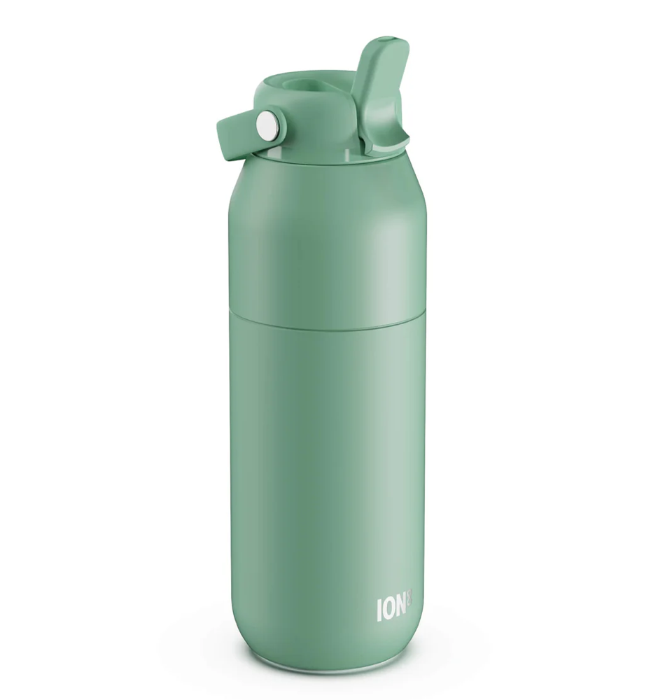 A matte aqua teal green insulated water bottle with a flip-top lid, shown on a clean white background. The brand name 'ION' is printed in white near the bottom.