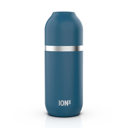 A matte blue insulated bottle with a silver metallic band around the middle and the white ION8 logo near the bottom, shown on a clean white background.