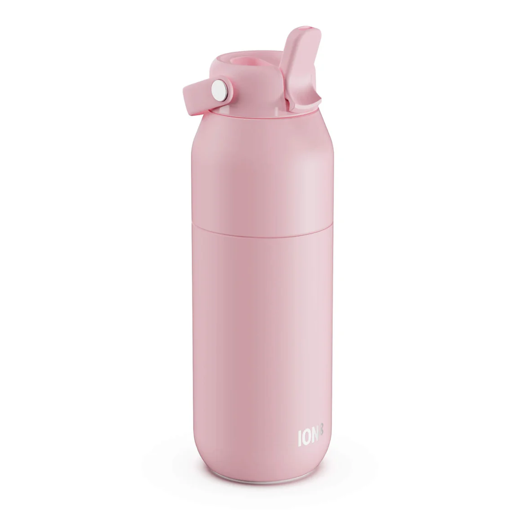 A matte pink insulated water bottle with a flip-top lid and carrying loop, shown on a clean white background. The brand name 'ION' is printed near the bottom.