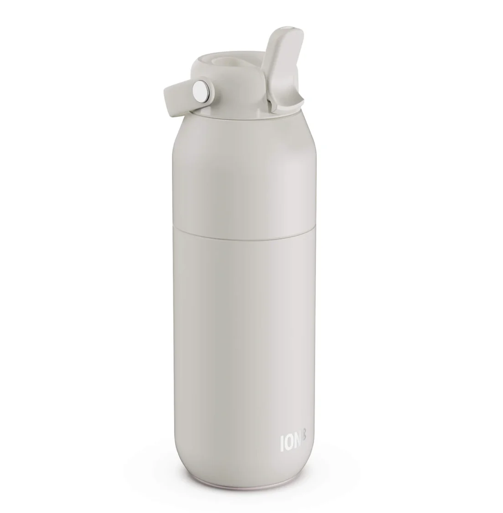 A matte white insulated water bottle with a flip-top lid, shown on a clean white background.