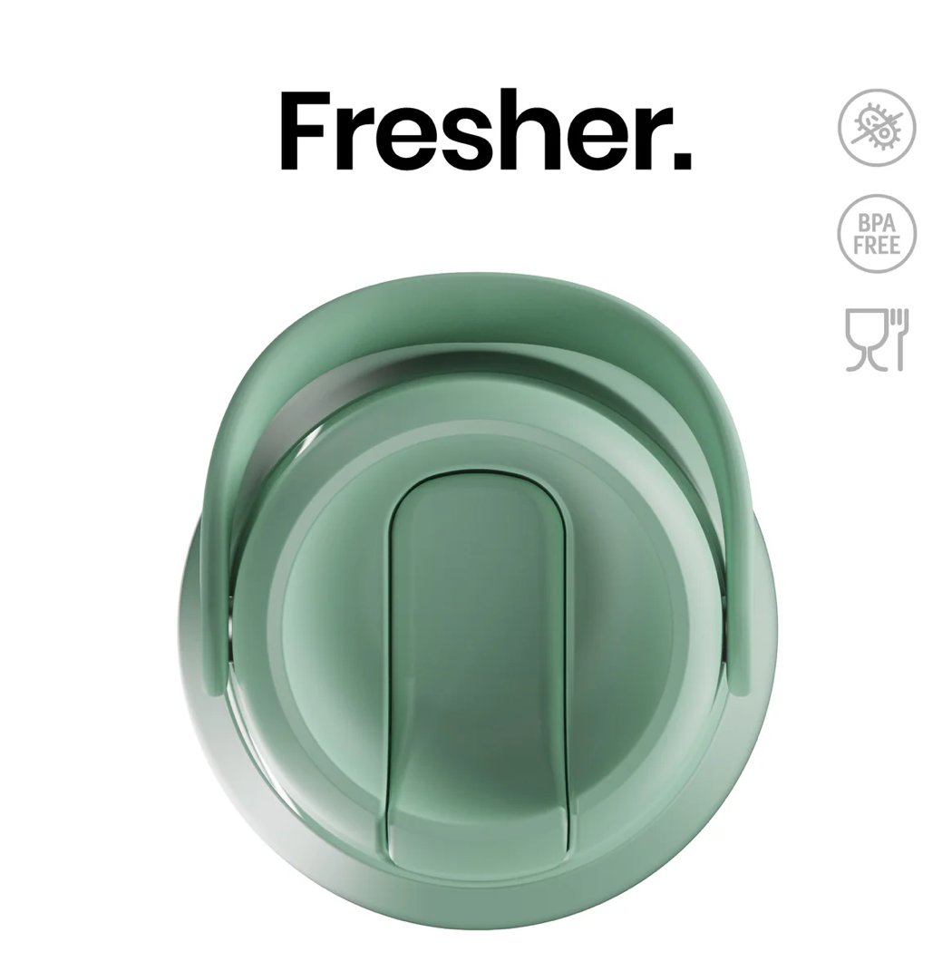 A mint green plastic lid with a flip-top design, shown from a top-down view on a white background with the brand name 'Fresher.' and feature icons on the right.