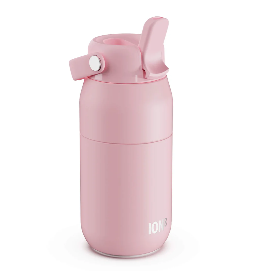 A pink insulated water bottle with a flip-top lid and carry loop, shown on a clean white background. The brand name 'IONS' is printed near the bottom.
