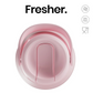 A pink lid for a water bottle, shown from a top-down view on a white background with the brand name 'Fresher.' and feature icons on the right.