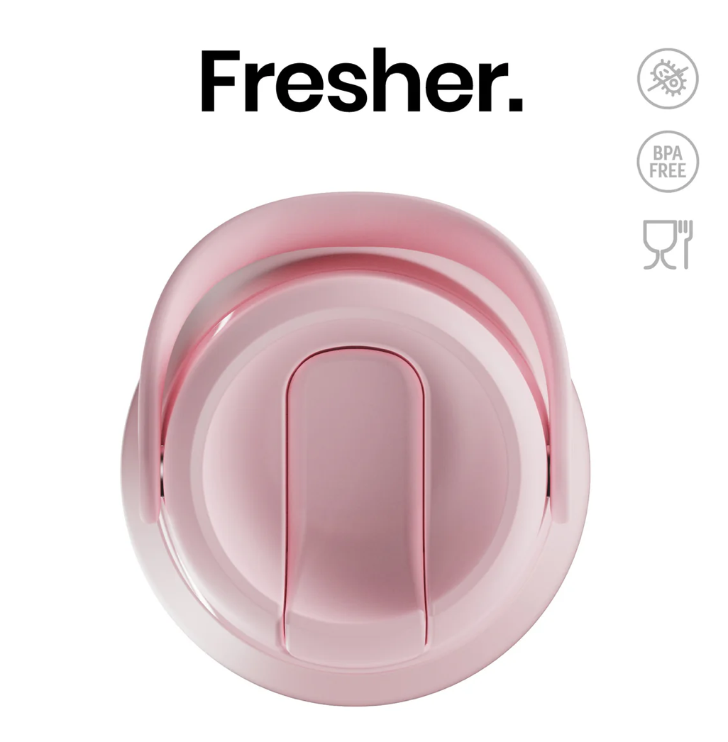 A pink lid for a water bottle, shown from a top-down view on a white background with the brand name 'Fresher.' and feature icons on the right.