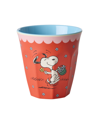 A red plastic cup featuring a cartoon print of Snoopy holding a basket of flowers, with a light blue interior and a pink wavy scalloped rim, shown on a plain white background.