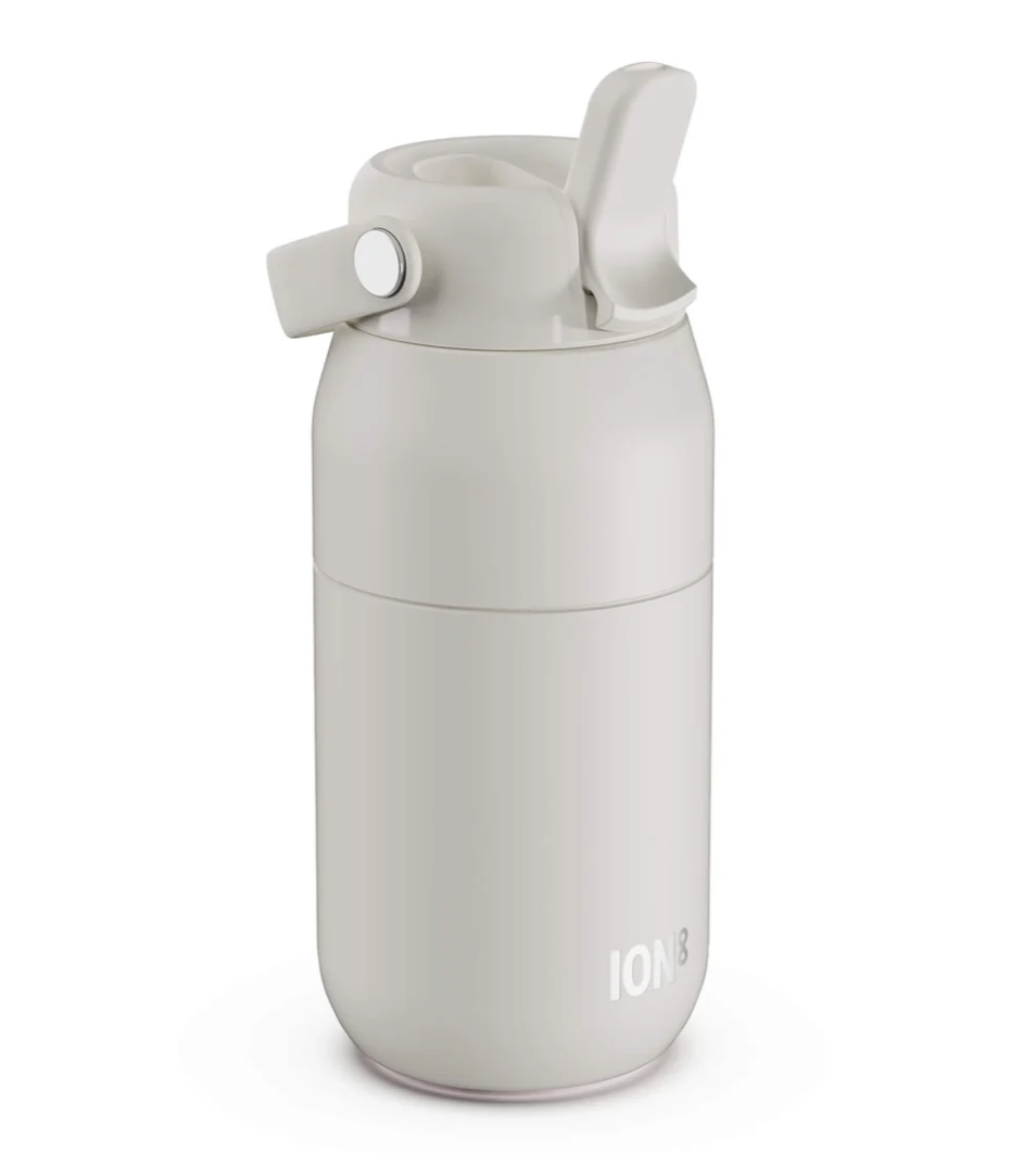 A white insulated water bottle with a flip-top lid and carry loop, shown on a plain white background. The brand name 'ION' is printed near the bottom.