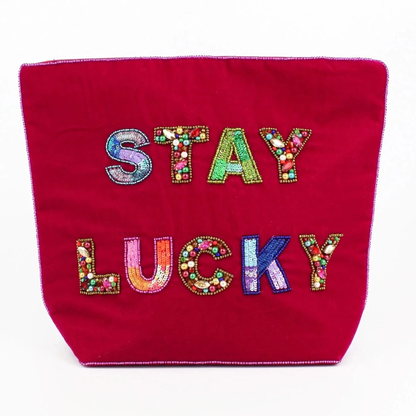 Stay Lucky Beaded Velvet Makeup/wash Bag