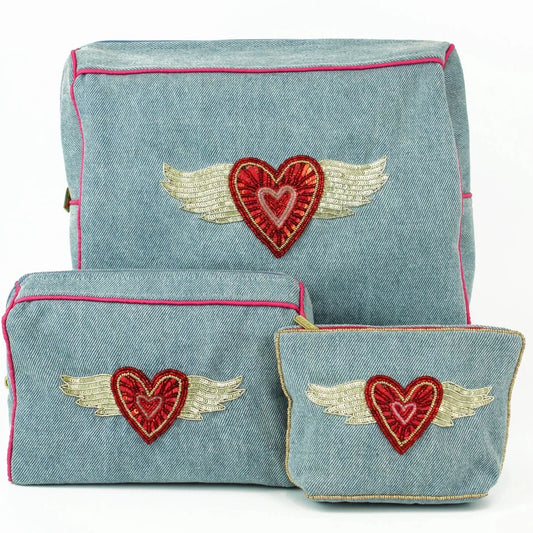 Flying Heart Denim Wash Bag