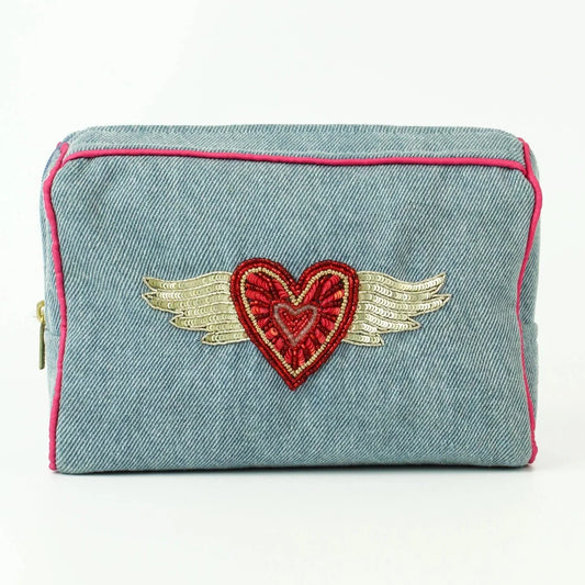 Flying Heart Denim Makeup Bag