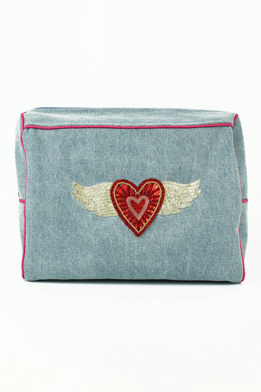 Flying Heart Denim Wash Bag