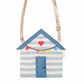 A kids handbag designed to resemble a blue and white striped beach hut with red heart and colorful bunting detail, featuring a metallic strap.