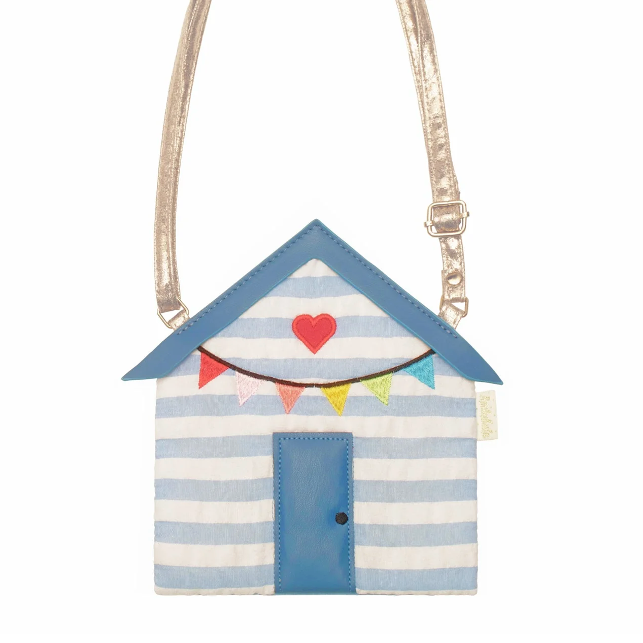 A kids handbag designed to resemble a blue and white striped beach hut with red heart and colorful bunting detail, featuring a metallic strap.
