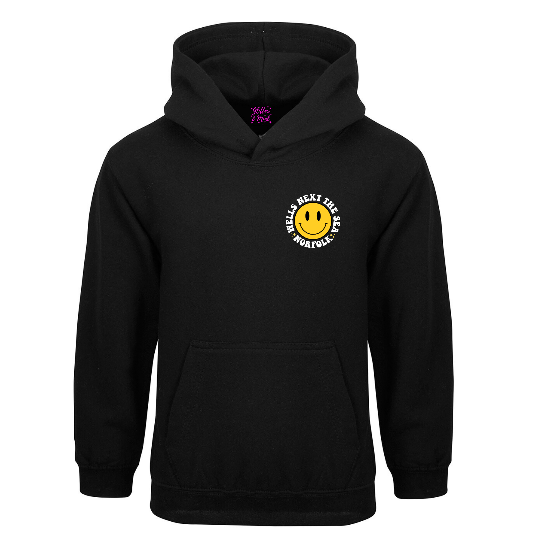 black wells next the sea smiley face hoodie front on a white back ground 
