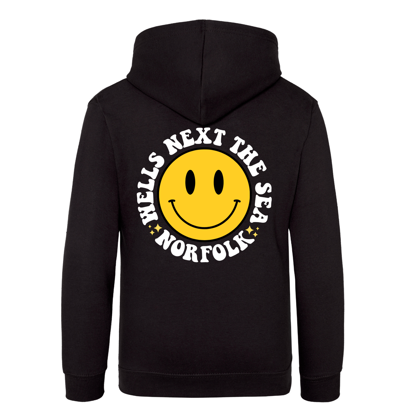 Black hoodie with a smiley face and text 'Wells Next The Sea' on the front.