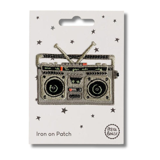 Embroidered boom box cd player radio iron on patch patch on star card on a white background 