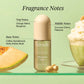Kit-sch Pistachio Latte hair perfume in a green bottle with fragrance notes and information on a green background
