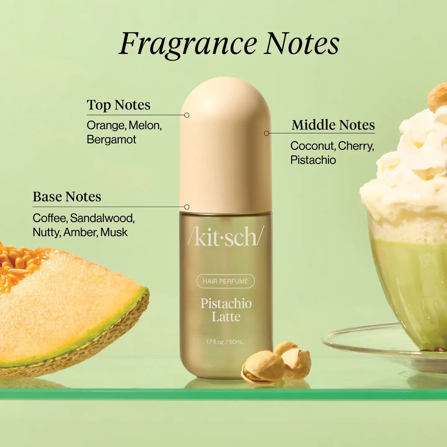 Kit-sch Pistachio Latte hair perfume in a green bottle with fragrance notes and information on a green background