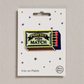Embroidered iron on 'Perfect Match' yellow Match box patch, on a white card with black stars and 'Petra Boase' Branding 