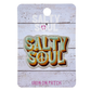 Embroidered 'Salty soul' retro style text iron on patch. on a wooden textured 'Salty soul' branded card