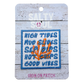 Embroidered Iron-on patch with text 'High tides, mud slides, sea dips, hot chips, good vibes' and a coral  design on a wooden textured card, featuring the brand 'Salty Soul '.