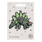 Green glow in the dark dinosaur skeleton iron on patch on a white card with star patterns, branded 'Petra Boase'.