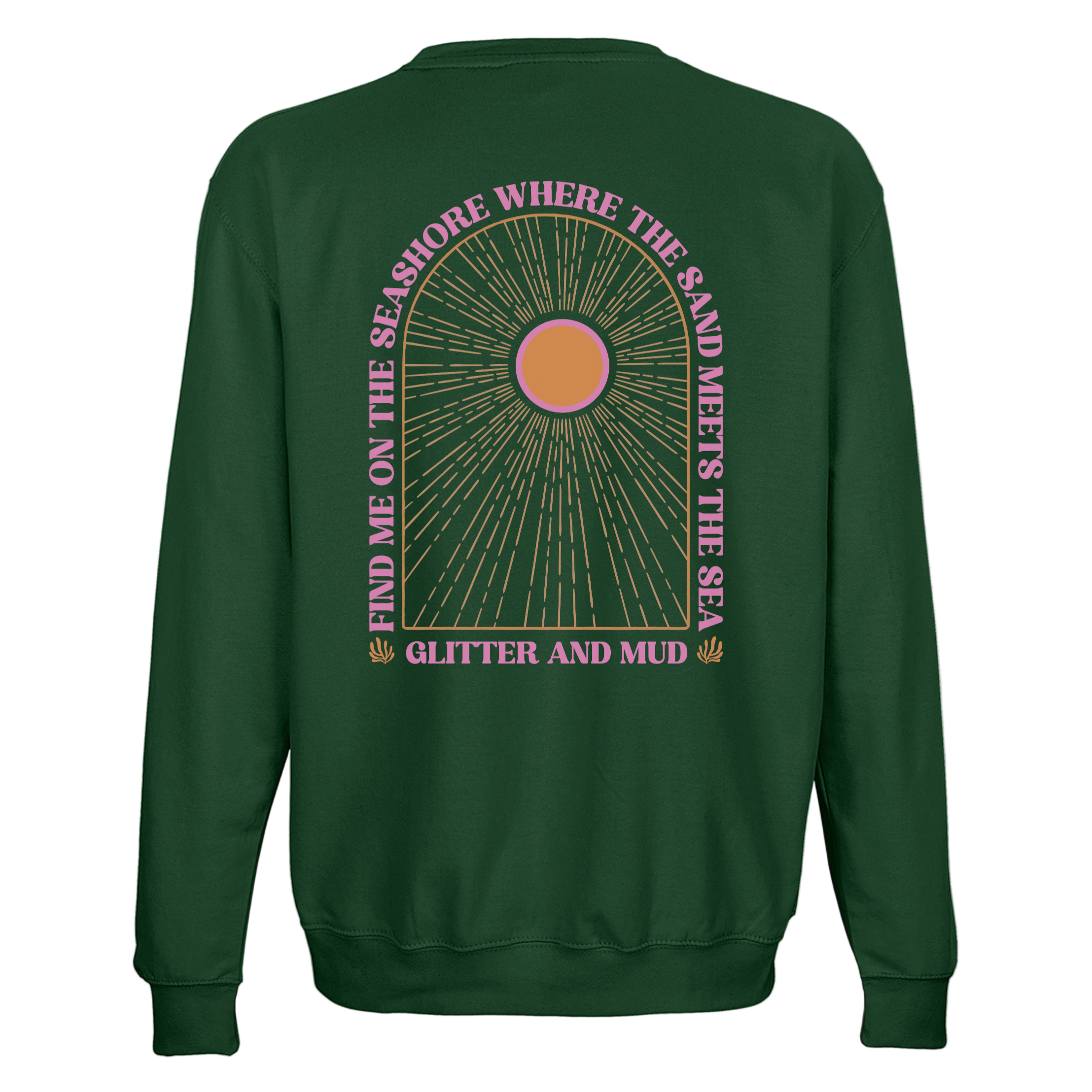 Green sweatshirt with a sun design and text on the back against a white background