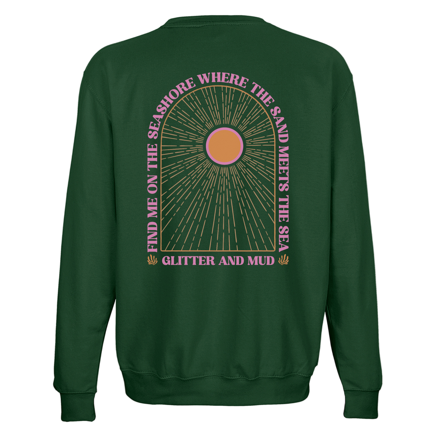 Green sweatshirt with a sun design and text on the back against a white background