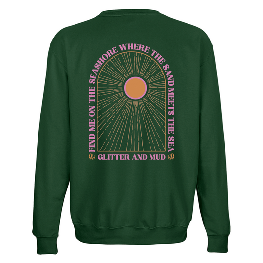 Green sweatshirt with a sun design and text on the back against a white background