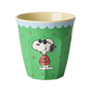 Green melamine cup with a snoopy cartoon character with 'joe cool' top design on a white background