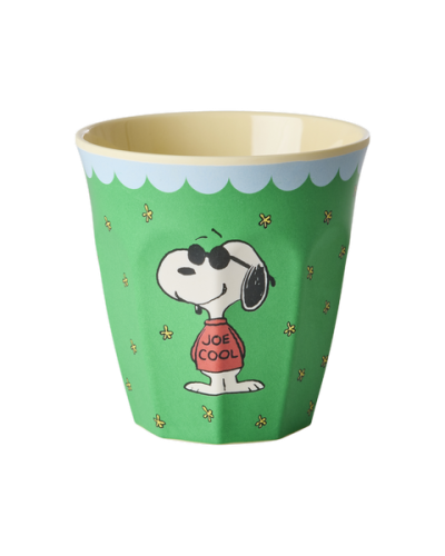 Green melamine cup with a snoopy cartoon character with 'joe cool' top design on a white background