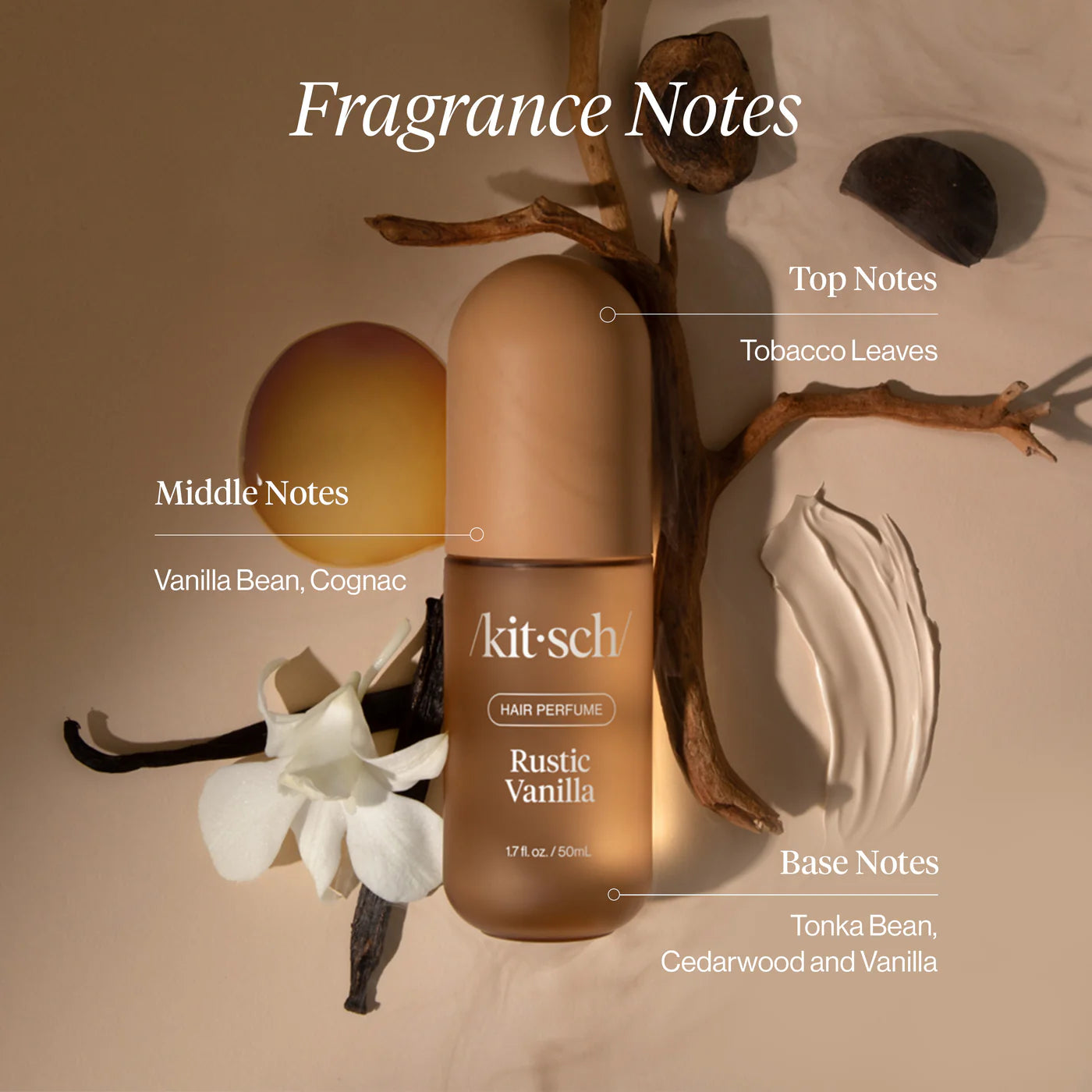 Kit-sch Rustic Vanilla hair perfume bottle with fragrance notes on a beige background